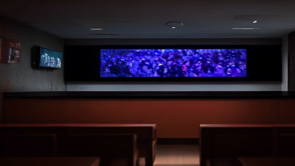 A stadium at night with a screen showing a live sports broadcast