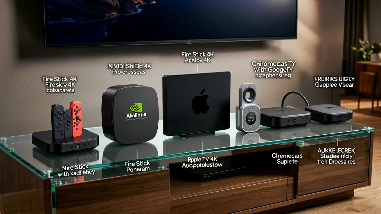 Streaming devices arranged in a row in front of a TV showing an IPTV interface