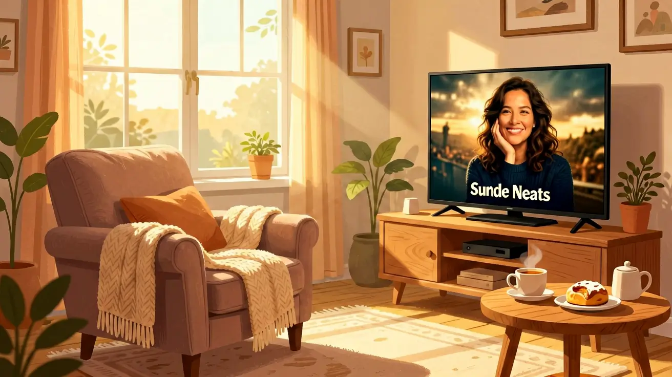 A cosy living room with a steaming mug and a TV screen, evoking a Sunday afternoon movie