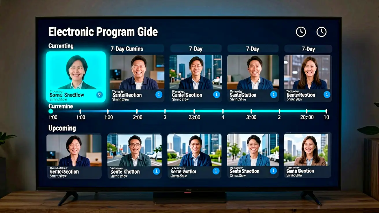 Smart TV EPG interface showing 7-day program guide with current show highlighted and catch-up clock icons