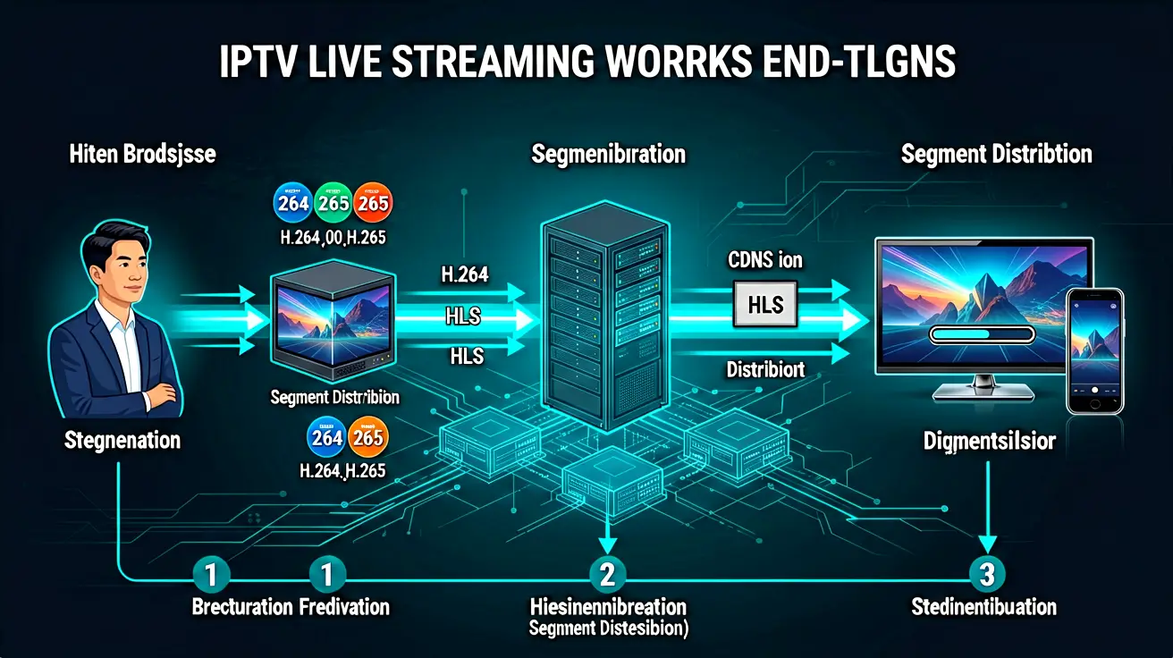 IPTV live streaming pipeline: encoder, HLS segments, CDN distribution, and player playback