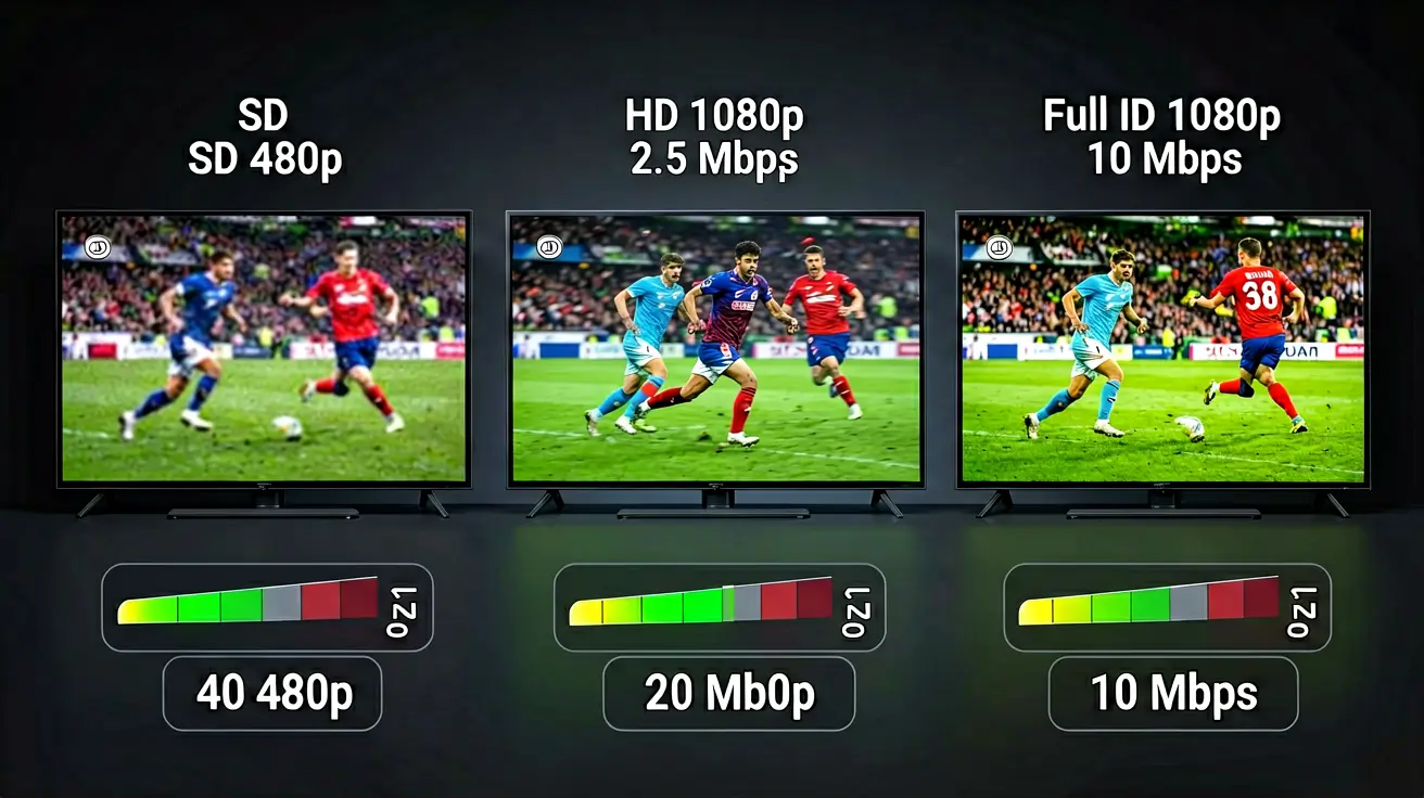 Channel quality comparison: SD 480p, HD 1080p at low bitrate, and Full HD 1080p at high bitrate side by side