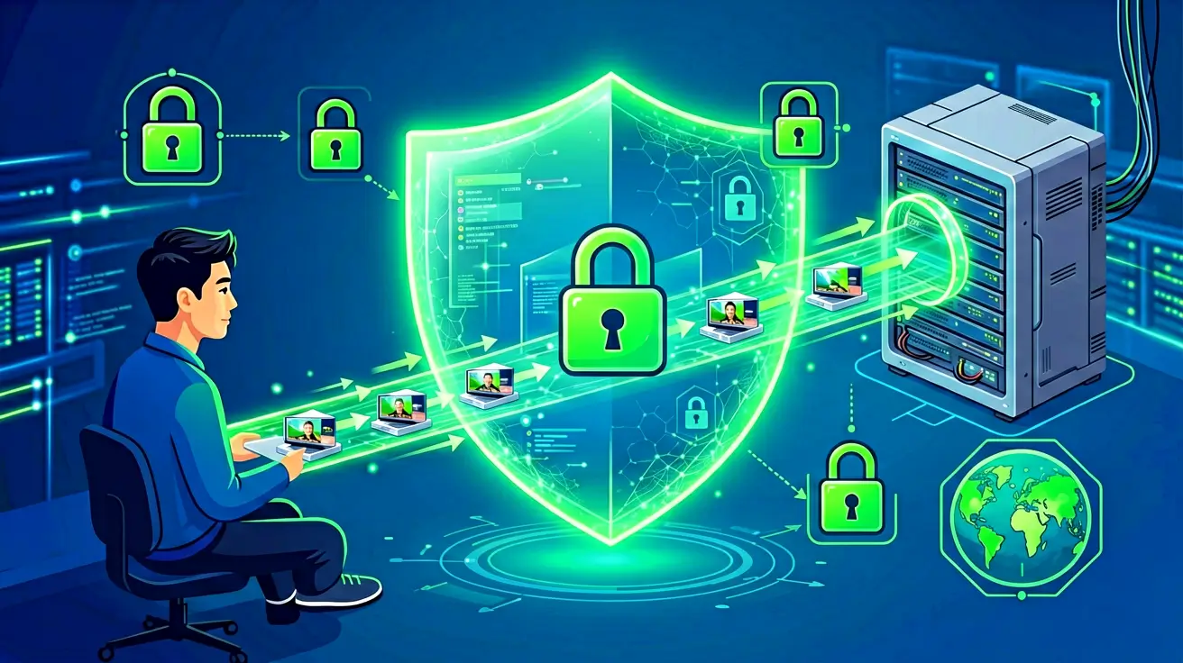 A shield icon and network cable symbolizing VPN performance for IPTV streaming